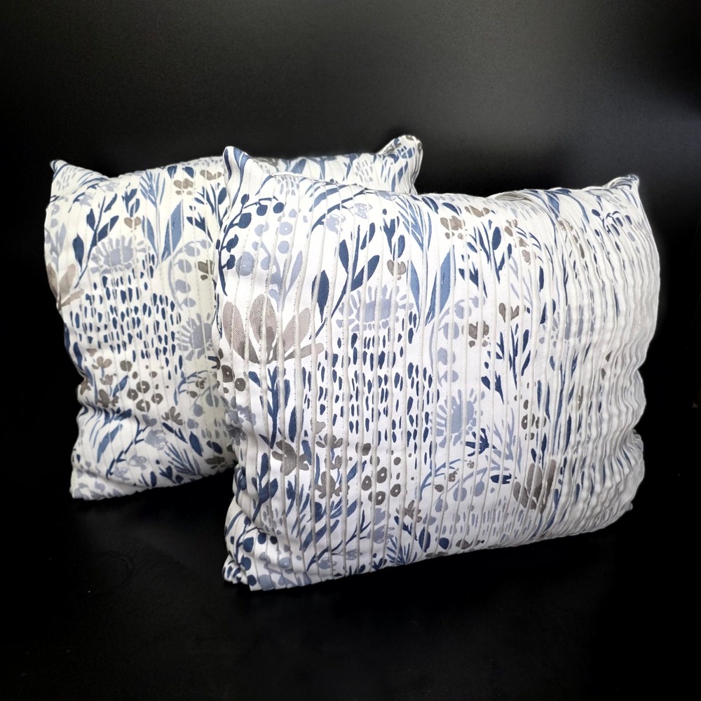 Decorative Throw Pillows Set of 2 16x16 Blue Gray White Botanical Pleated Accent